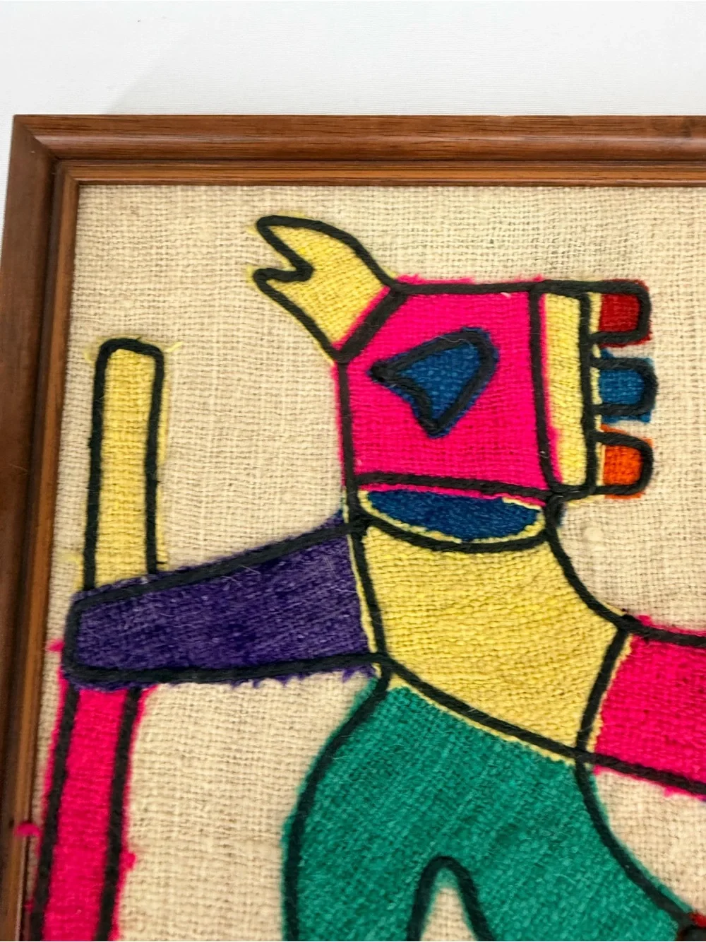 Vintage South American Wool Embroidery Burlap Wall Art